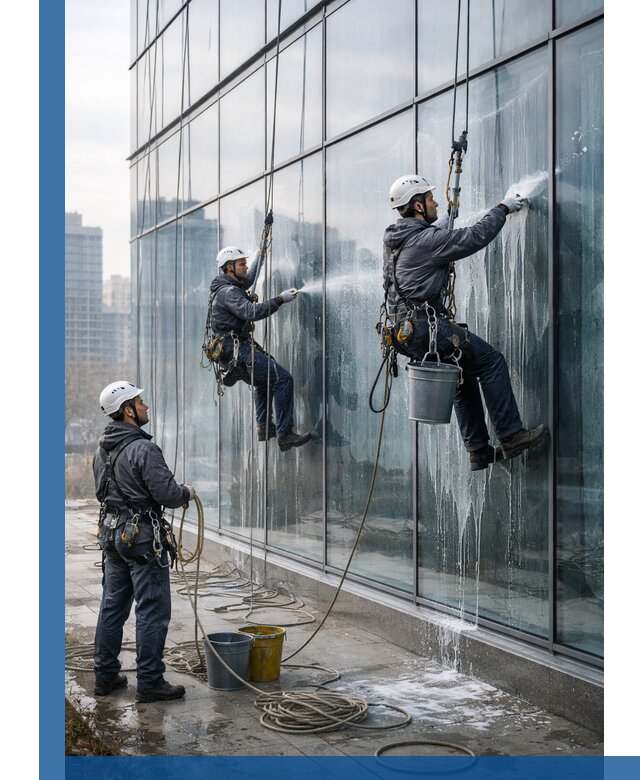 Промышленная мойка панорамных окон на высоте в Людинове