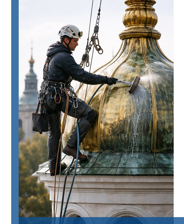 Профессиональная мойка куполов и шпилей высотными альпинистами в Людинове