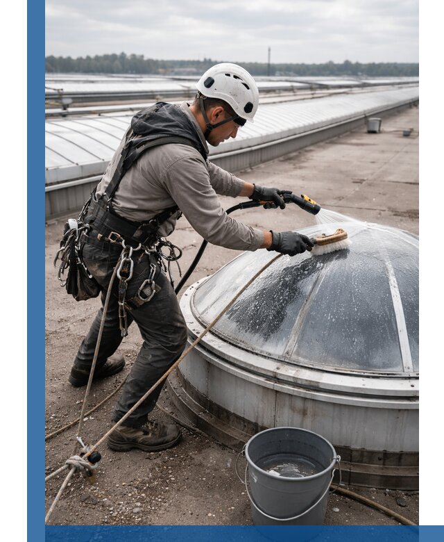 Мойка зенитных фонарей на кровле для промышленных объектов в Людинове