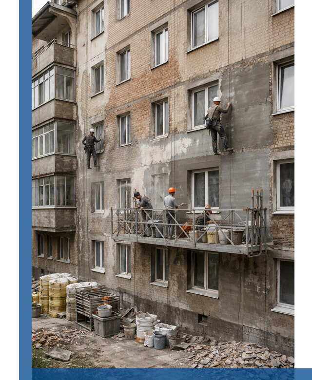 Капитальный ремонт фасада в Людинове с восстановлением и гидроизоляцией