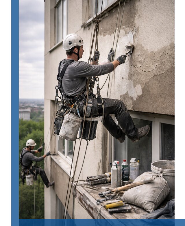 Косметический ремонт фасада зданий в Людинове промышленными альпинистами
