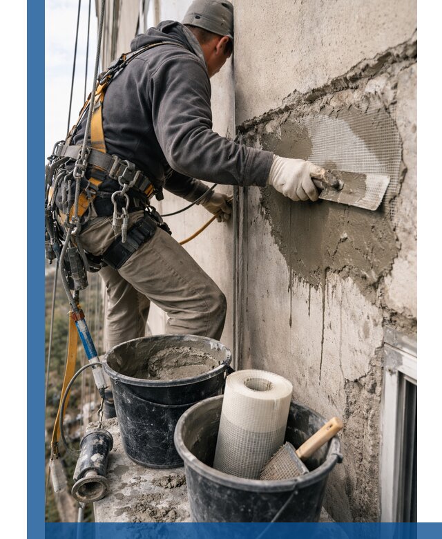 Ремонт бетонных элементов фасада промышленными альпинистами в Людинове