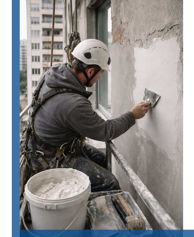 Шпаклевка фасадов на высоте с промальпинистами в Людинове