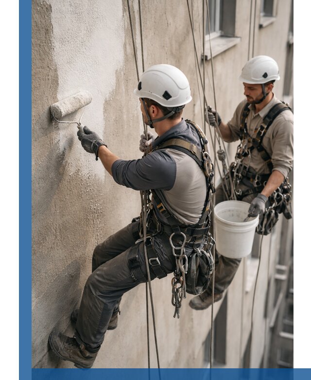 Грунтовка фасада на высоте в Людинове промышленными альпинистами