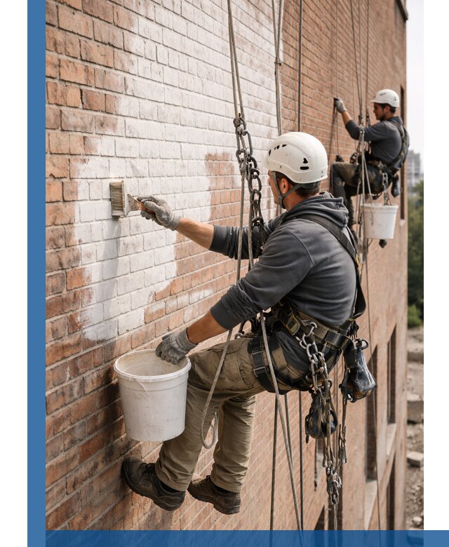 Покраска кирпичного фасада с доступным альпинистским сервисом в Людинове