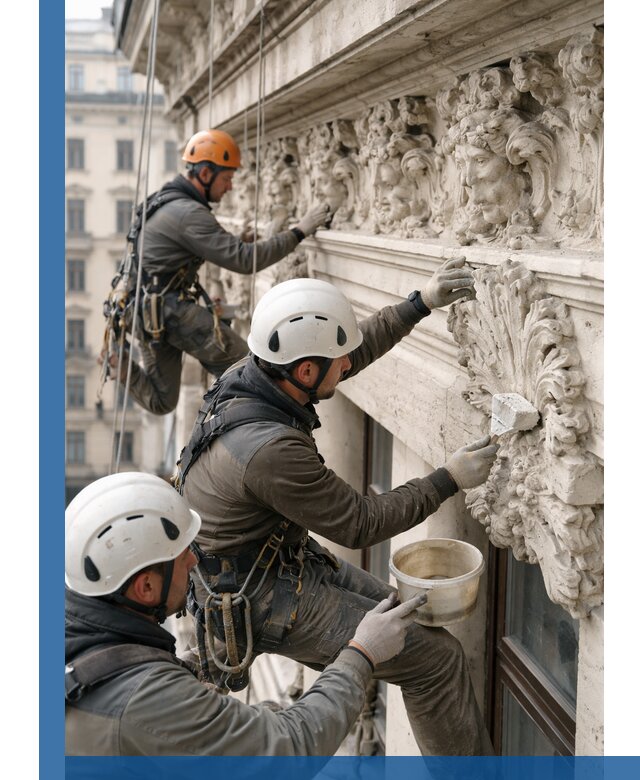 Реставрация фасадной лепнины с высотными работами в Людинове