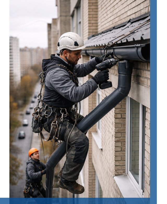 Монтаж водосточной системы на здании в Людинове от 5089 р. | ВЫСОТНИК-Люд