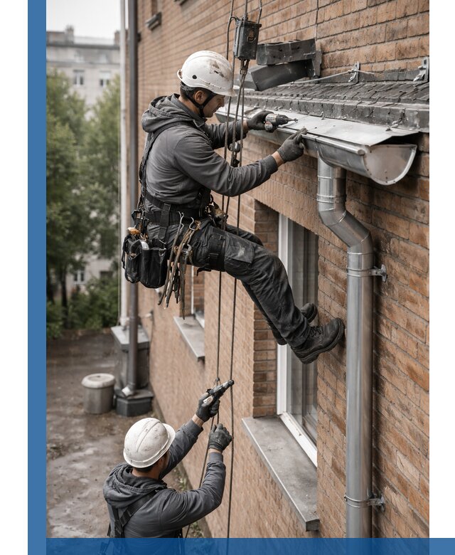 Монтаж водосточной системы на здании в Людинове под ключ