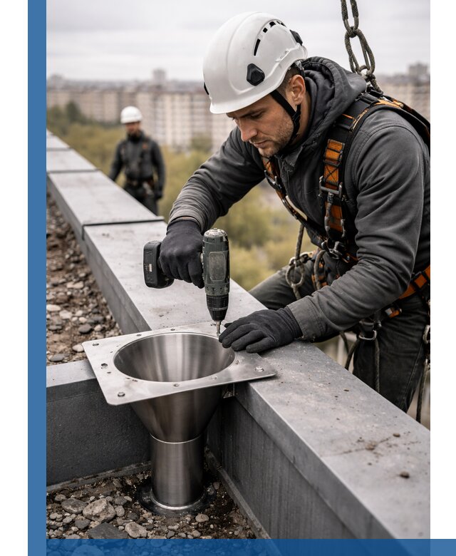 Монтаж водосточных воронок в Людинове для промышленных зданий