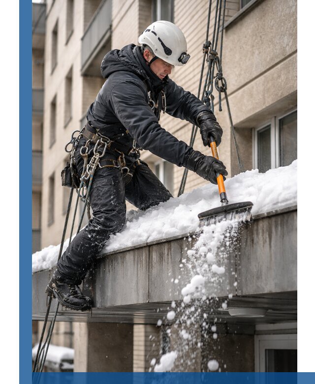 Очистка козырьков от снега в Людинове круглогодично безопасно