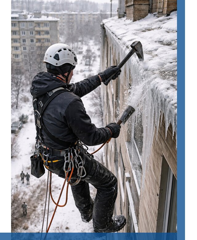 Сбивание сосулек с крыши в Людинове по цене от 4580 р. | ВЫСОТНИК-Люд