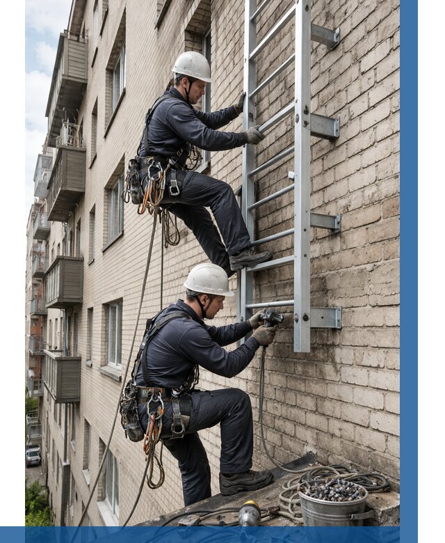 Монтаж пожарной лестницы в Людинове от 25445 р заказать у ВЫСОТНИК-Люд