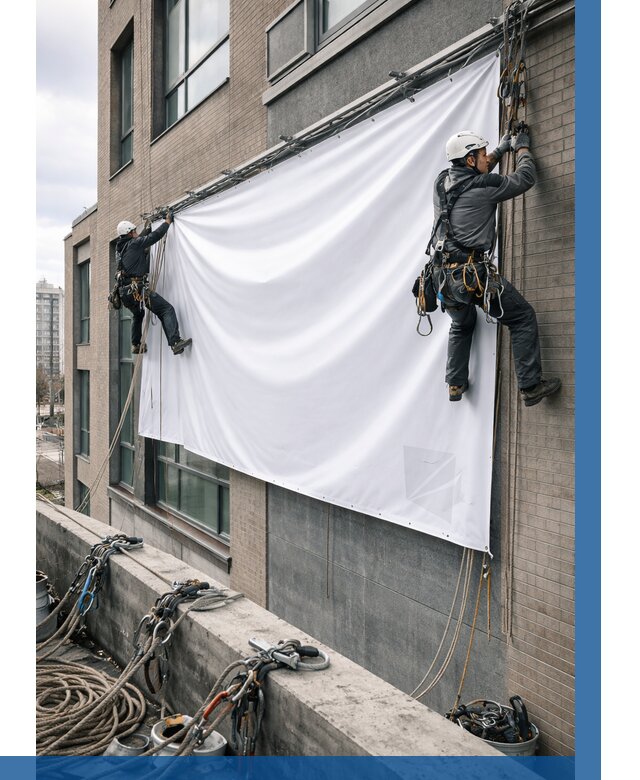 Монтаж баннеров на фасаде в Людинове от 662 р. заказать ВЫСОТНИК-Люд