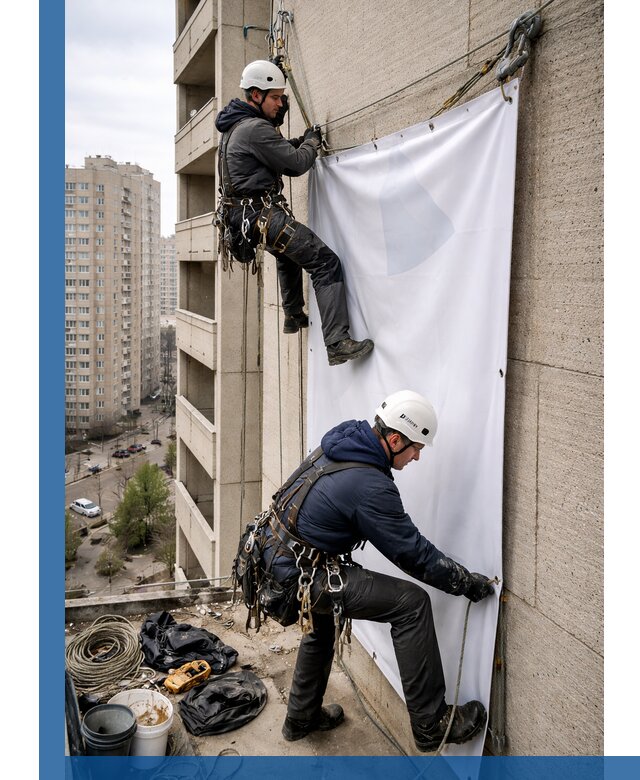 Профессиональный монтаж баннеров на фасаде в Людинове