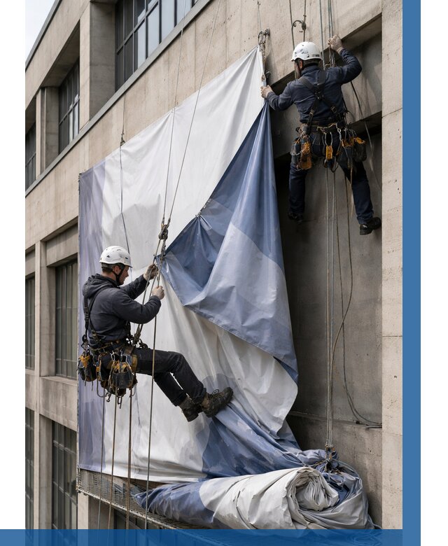 Демонтаж баннеров с фасада в Людинове от 4580 р. | ВЫСОТНИК-Люд