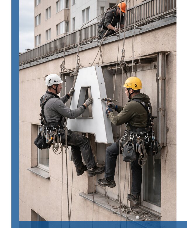 Ремонт и восстановление наружных вывесок на высоте в Людинове