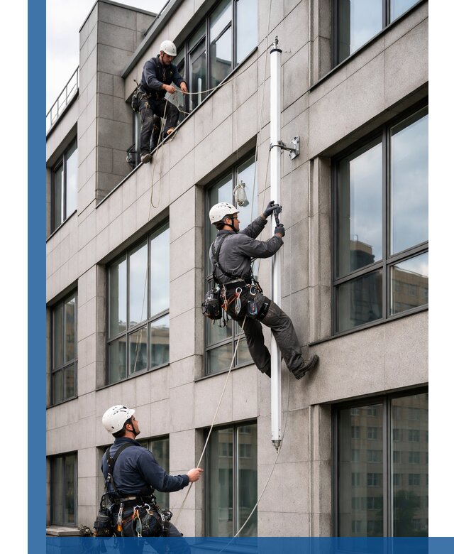 Монтаж флагштока на фасаде здания с креплением и герметикой в Людинове