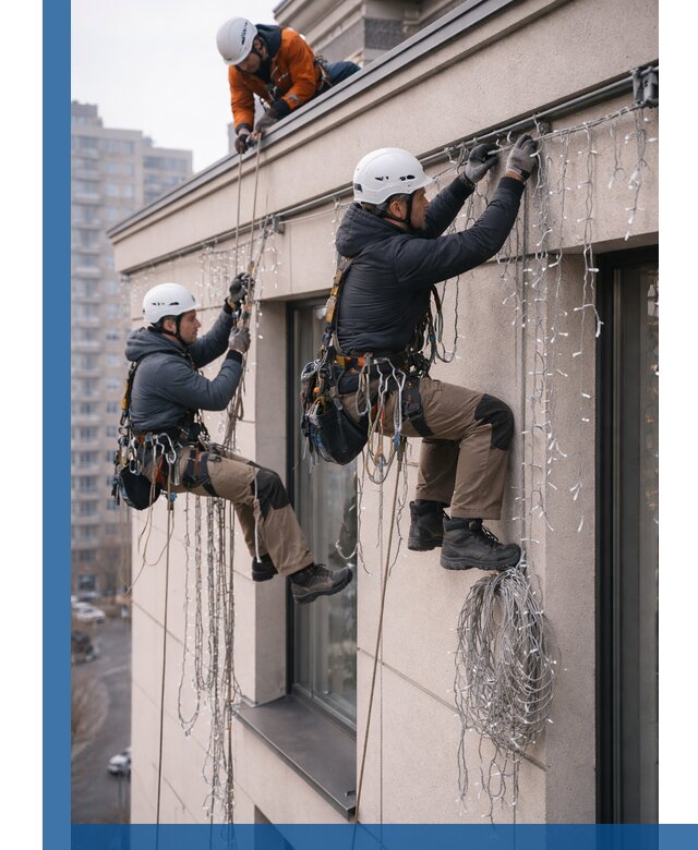 Монтаж праздничных гирлянд на фасаде в Людинове для зданий