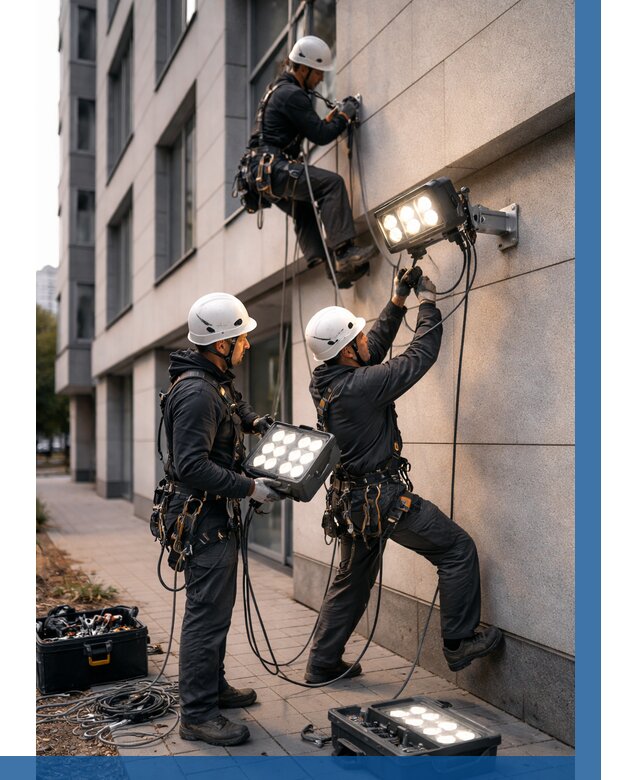 Монтаж прожекторов на фасаде в Людинове от 7634 р. | ВЫСОТНИК-Люд