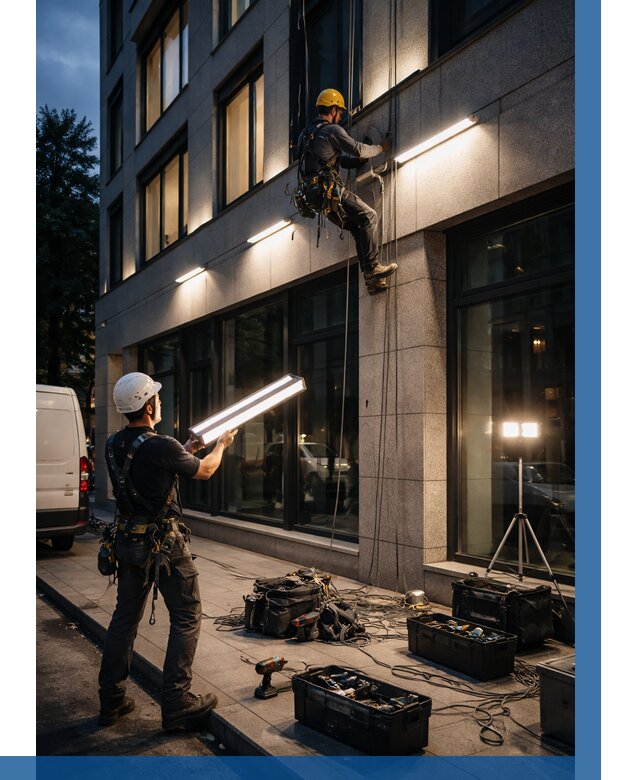 Монтаж архитектурной подсветки здания в Людинове от 2545 р.|ВЫСОТНИК-Люд