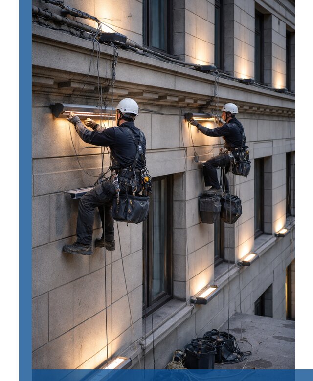 Монтаж архитектурной подсветки фасадов зданий в Людинове