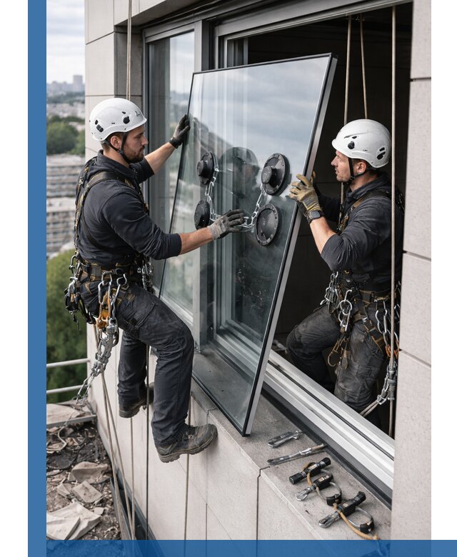 Замена стеклопакетов на высоте с промышленными альпинистами в Людинове