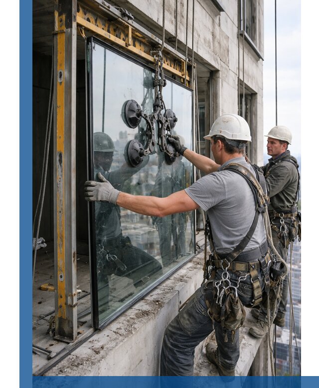 Монтаж стеклопакетов на высоте в Людинове с промышленным альпинизмом