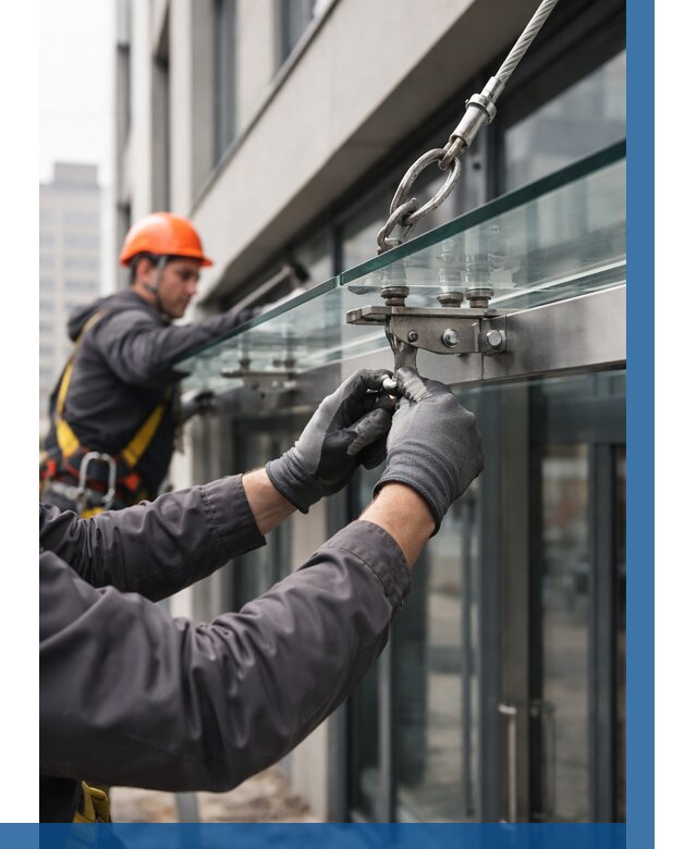 Монтаж стеклянных козырьков в Людинове от 8651 р. | ВЫСОТНИК-Люд