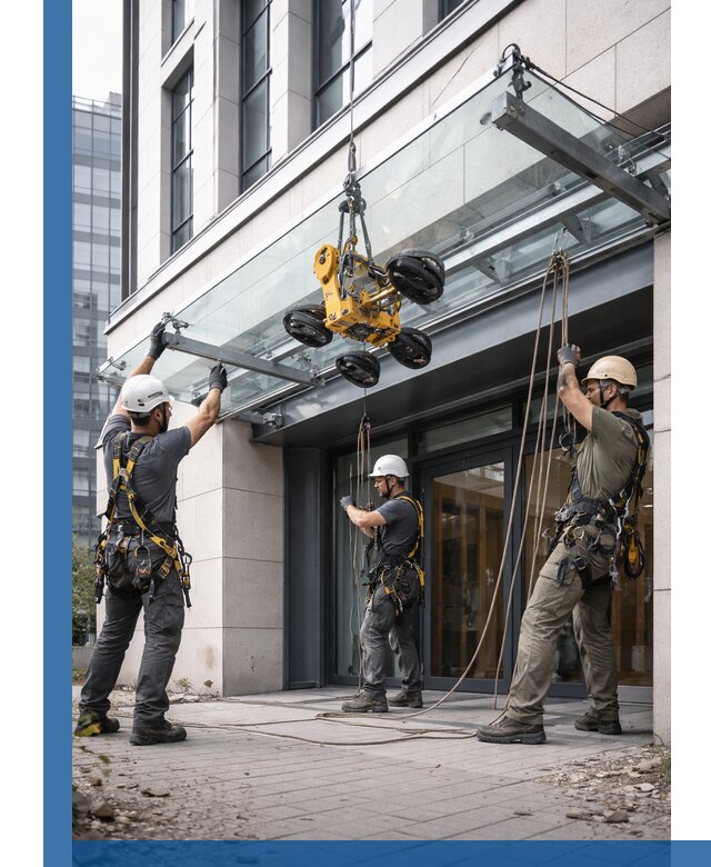 Монтаж стеклянных козырьков под ключ в Людинове для зданий