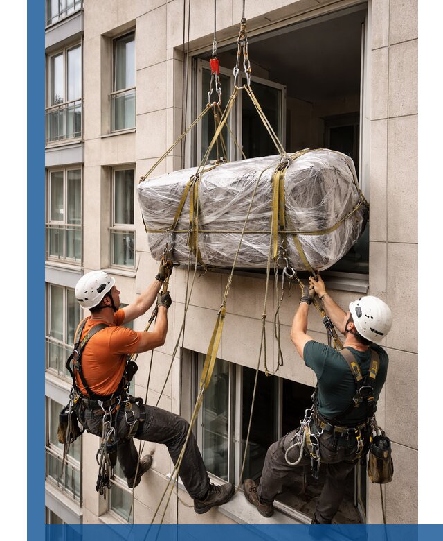 Подъем грузов через окно в Людинове промышленными альпинистами