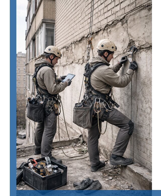 Обследование фасада промышленными альпинистами в Людинове